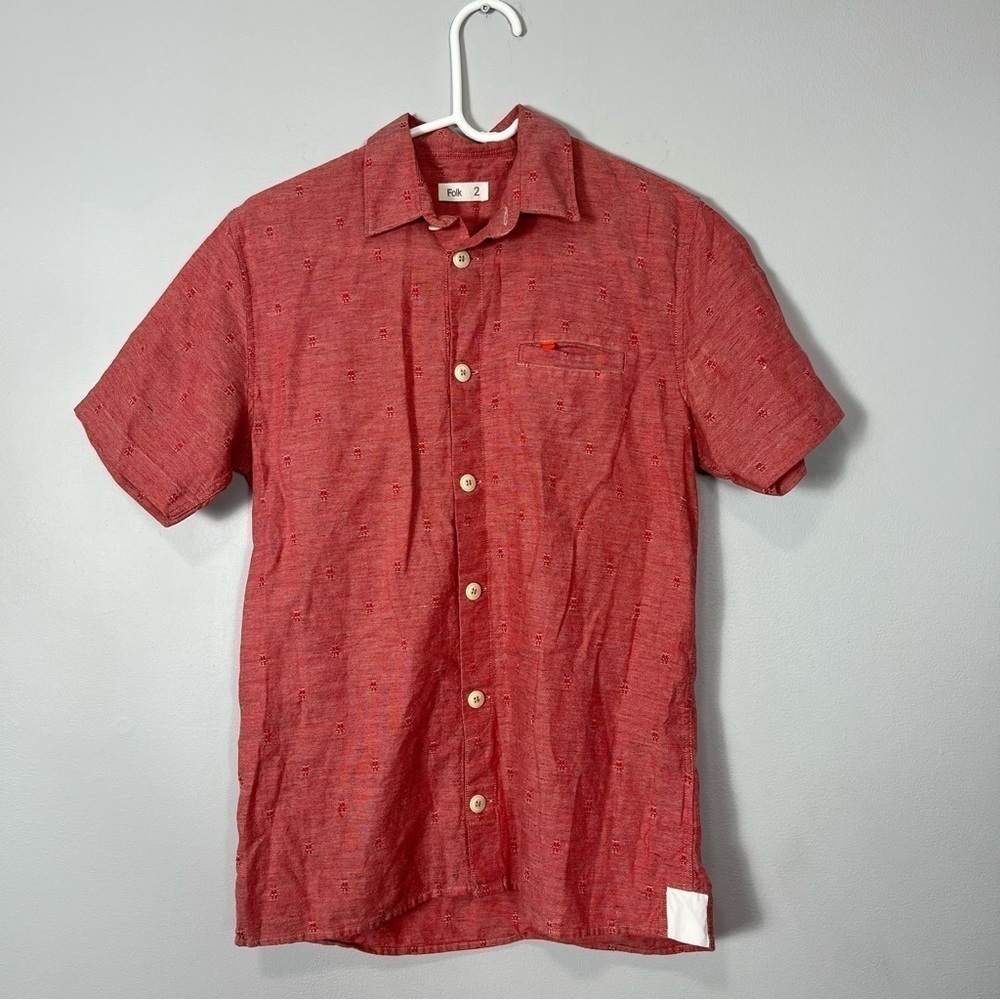 𝅺FOLK Short Sleeve Button Up Dress  Shirt Size Small
